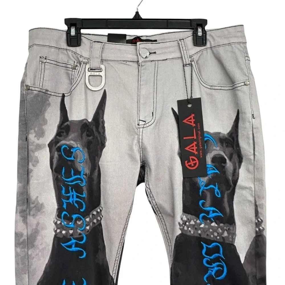 Gala Jeans NWT $180 Doberman Dog Graphic Gothic Blue Script Streetwear Sz W36 - Picture 4 of 16